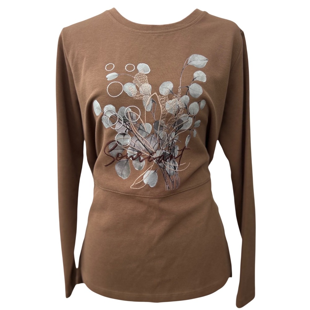 Fireworks Brown Botanical Eucalyptus Graphic Long Sleeve Top High Low Hem Korea